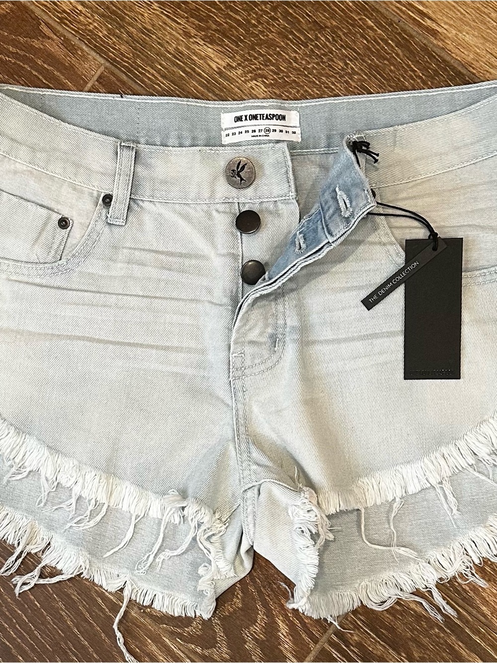 One Teaspoon Pale Blue Frayed Hem High-Rise Denim Shorts